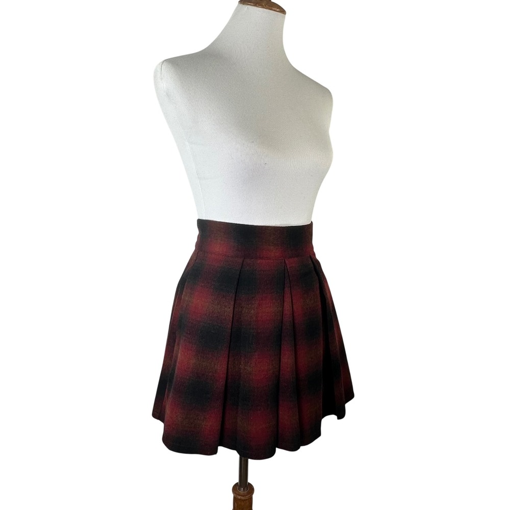 Free People Red Black Buffalo Plaid Pleated Wool Blend Mini Skirt Womens 0